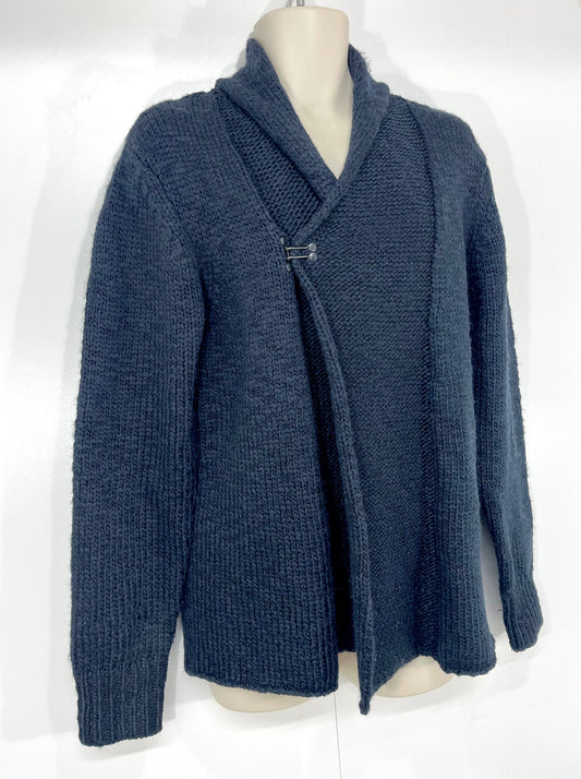ALLSAINTS Dark Navy WOOL ALPACA Blend Mens Chunky DWELL Shawl Cardigan size L