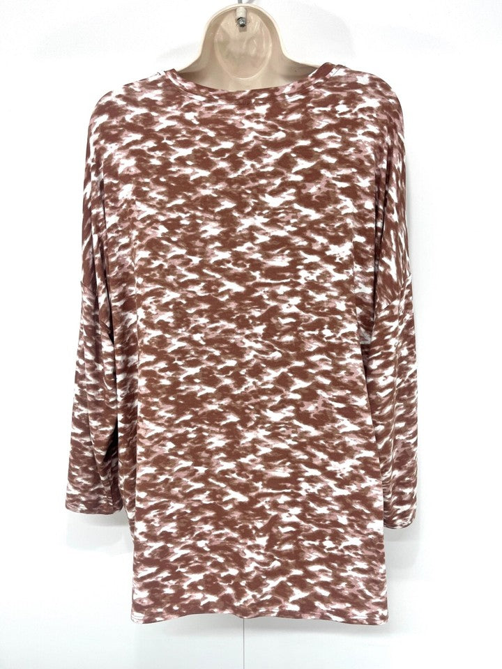 MARLAWYNNE Brown White Relaxed Fit Women's Tunic UK 16 18 L Soft Thin Jersey Boho Style