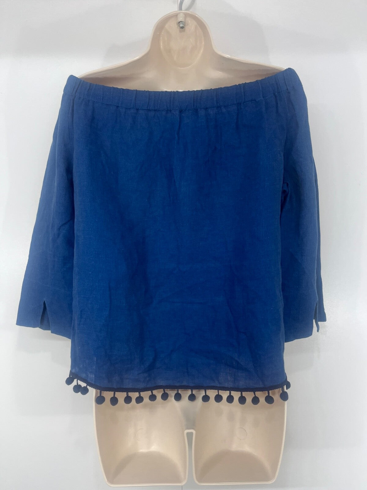 ZARA Boho Retro Style LINEN Blend Navy Blue Women's Off the Shoulder Blouse UK 12 14 M