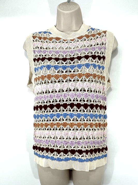 b.young Multicoloured Pure COTTON Retro Preppy Women's Slipover Tank Top UK 8 10 S
