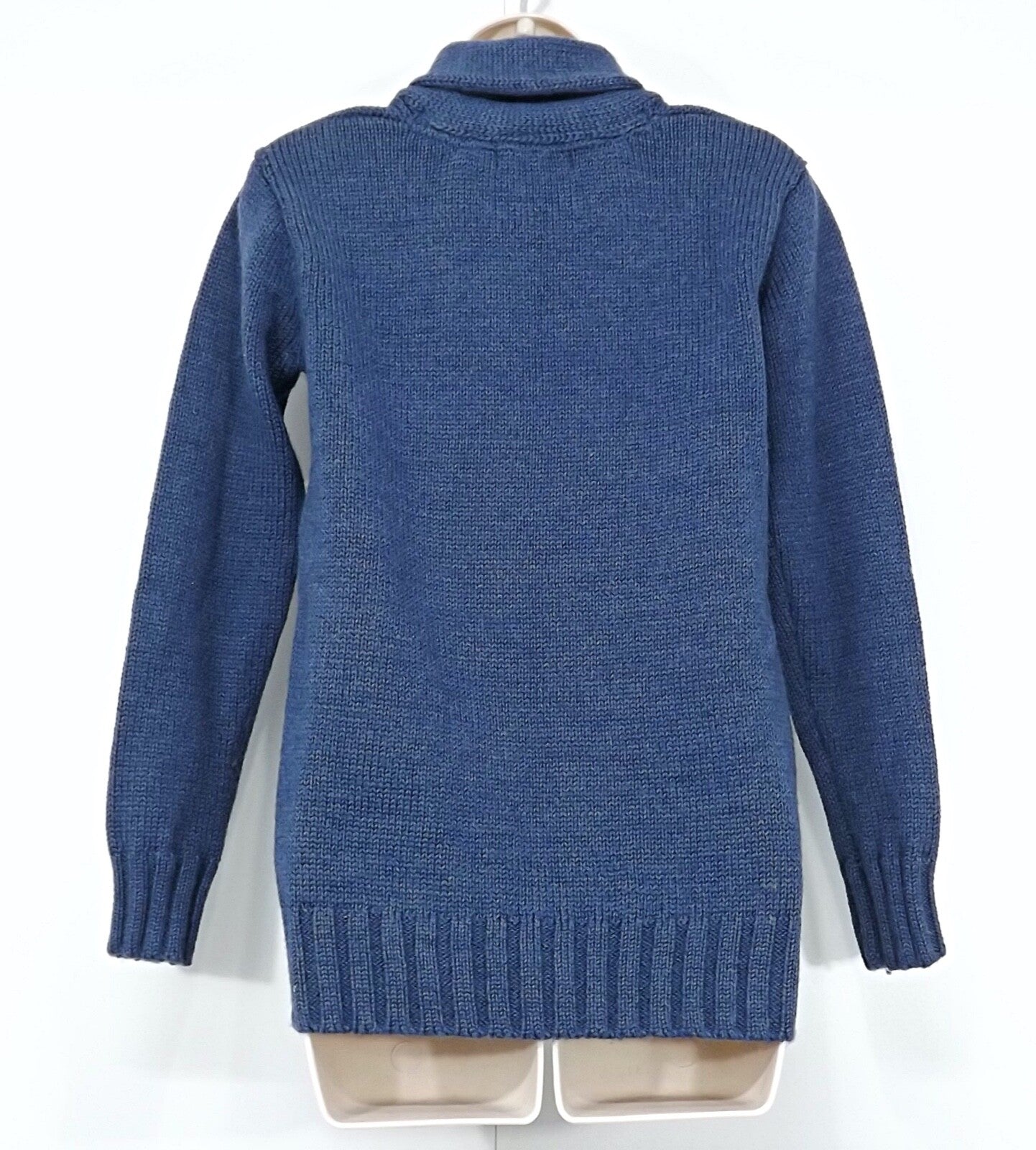 WOOLOVERS Blue Pure British WOOL Chunky Knit Mens Shawl Collar Jumper size XS