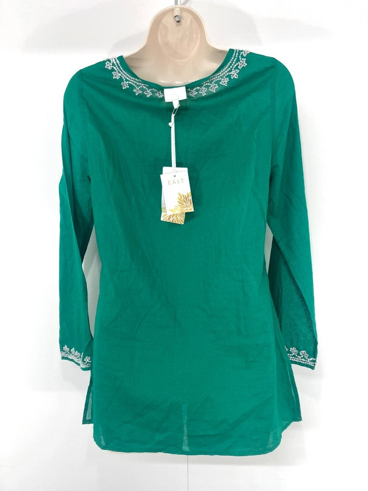 EAST Green Embellished Pure COTTON Boho Style Women's Blouse Tunic UK 8 NEW