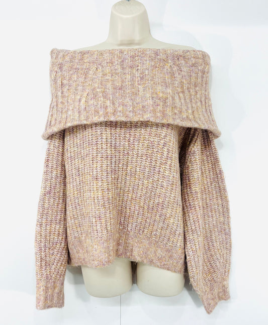 H&M Pink Mix Chunky Knit WOOL Blend Women's Off the Shoulder Jumper UK 12 14 M
