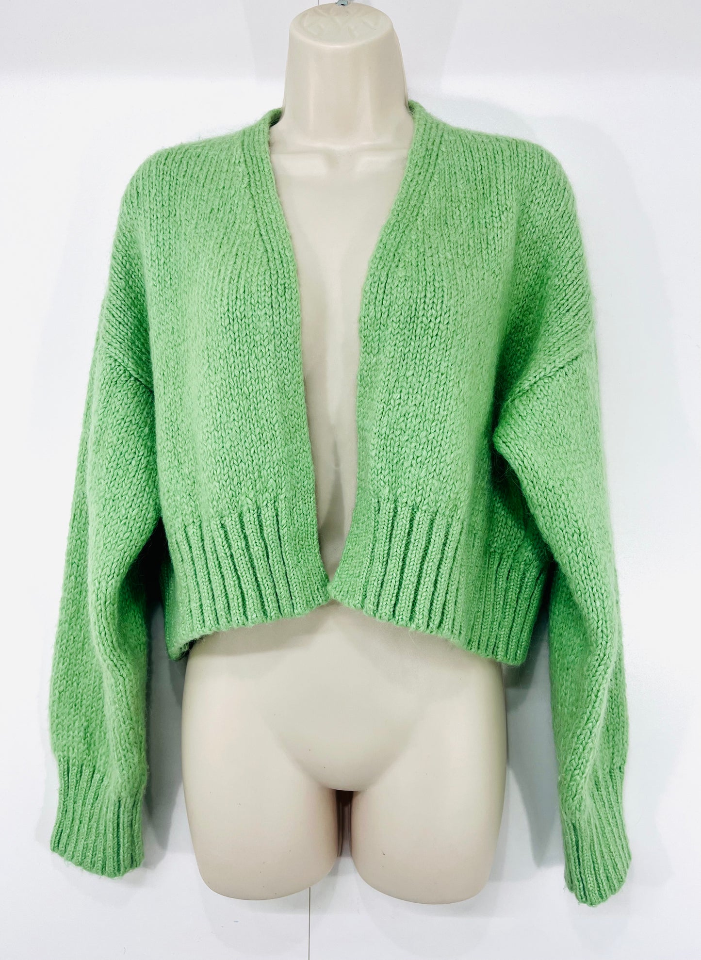 ZARA Green WOOL ALPACA Blend Women's Chunky Cropped Oversized V-Neck Cardigan size UK 8 10 S