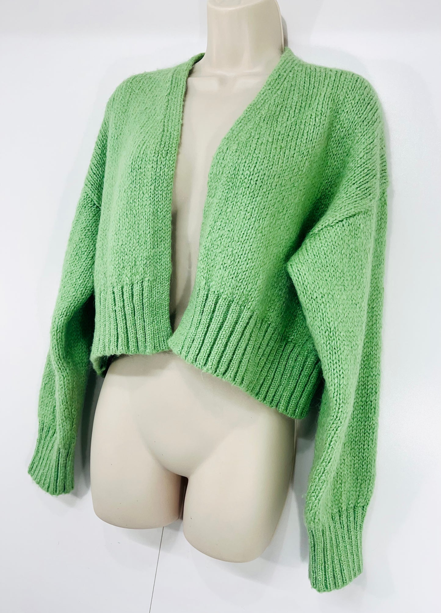 ZARA Green WOOL ALPACA Blend Women's Chunky Cropped Oversized V-Neck Cardigan size UK 8 10 S