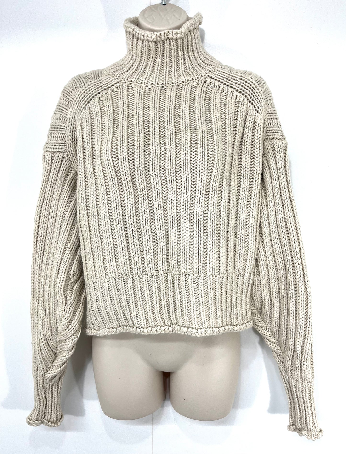 H&M Cream Ecru WOOL Blend Relaxed Fit Women's Cropped High Neck Jumper size UK 8 10 S