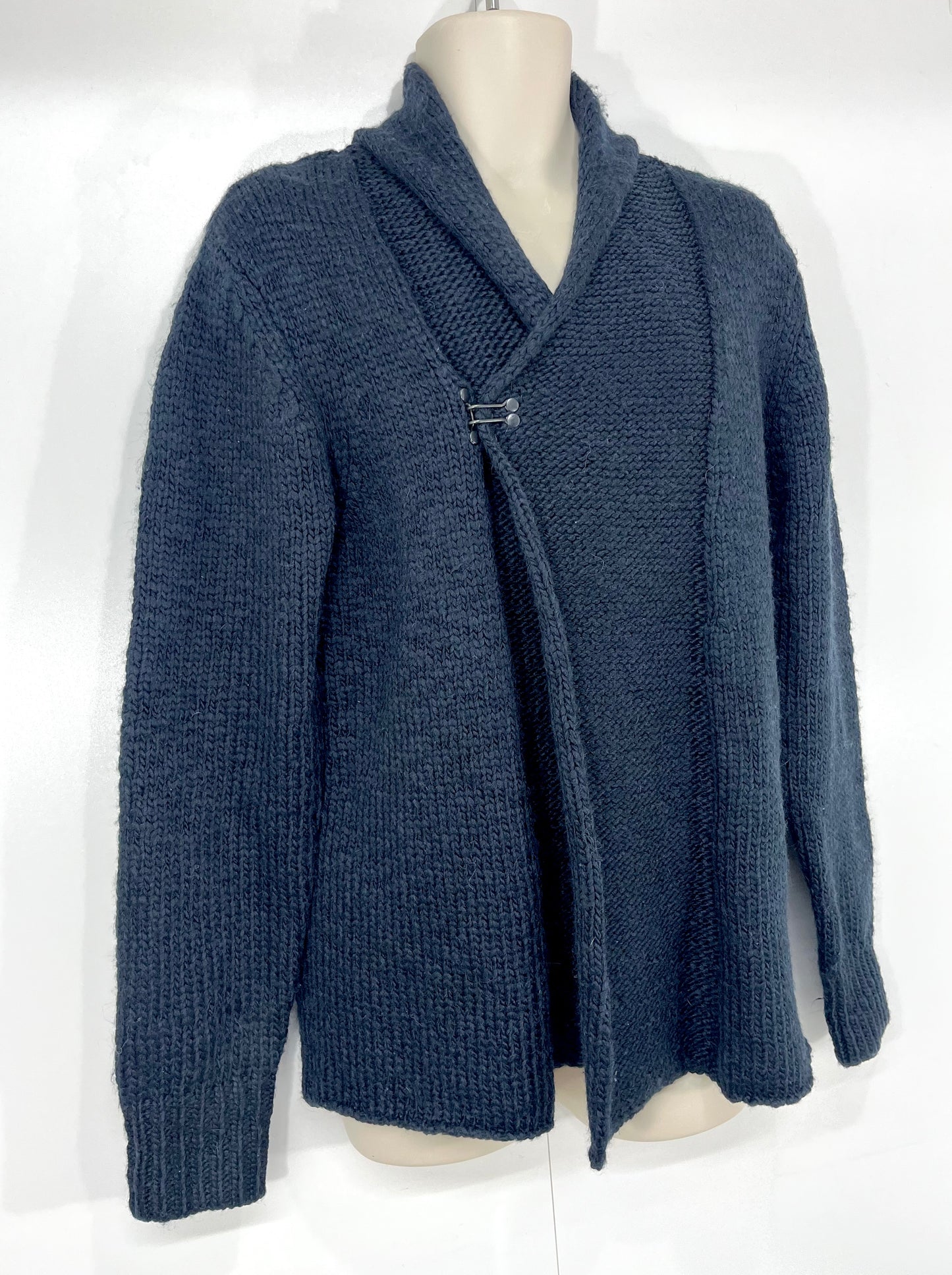 ALLSAINTS Dark Navy WOOL ALPACA Blend Mens Chunky DWELL Shawl Cardigan size L