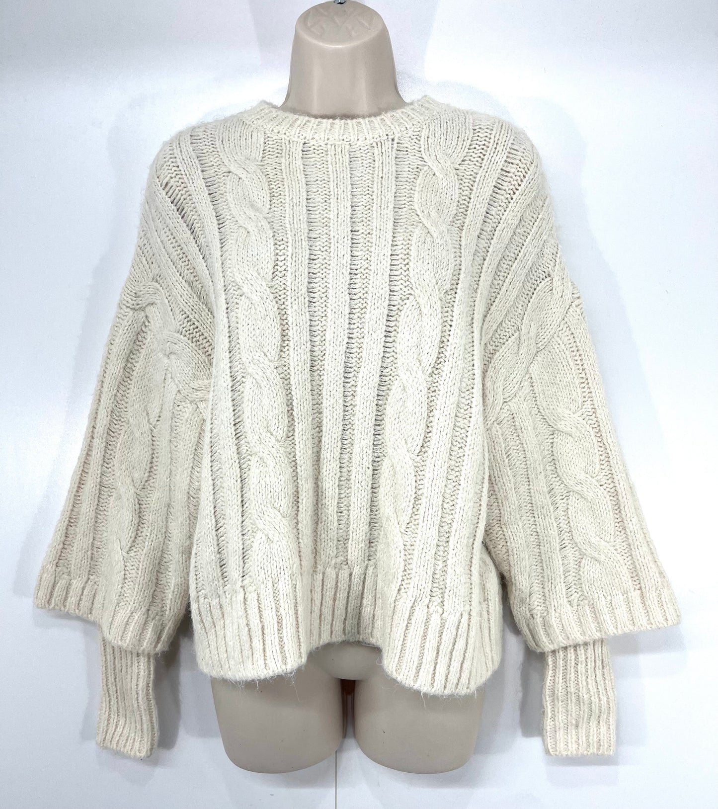ZARA Cream Chunky Cable Knit WOOL Blend Women's Oversized Boho Jumper UK 8 10 S