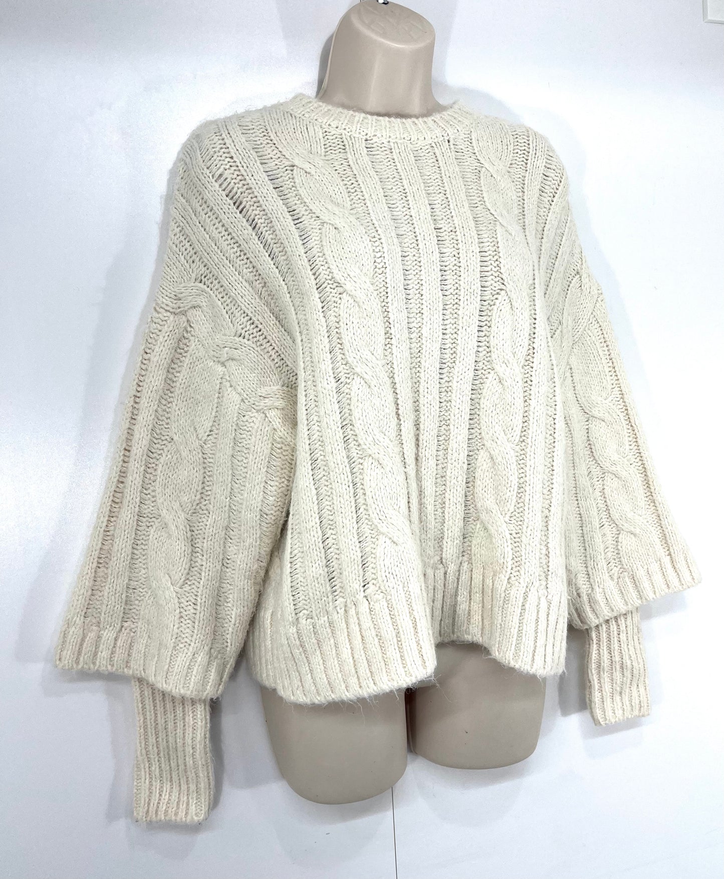 ZARA Cream Chunky Cable Knit WOOL Blend Women's Oversized Boho Jumper UK 8 10 S