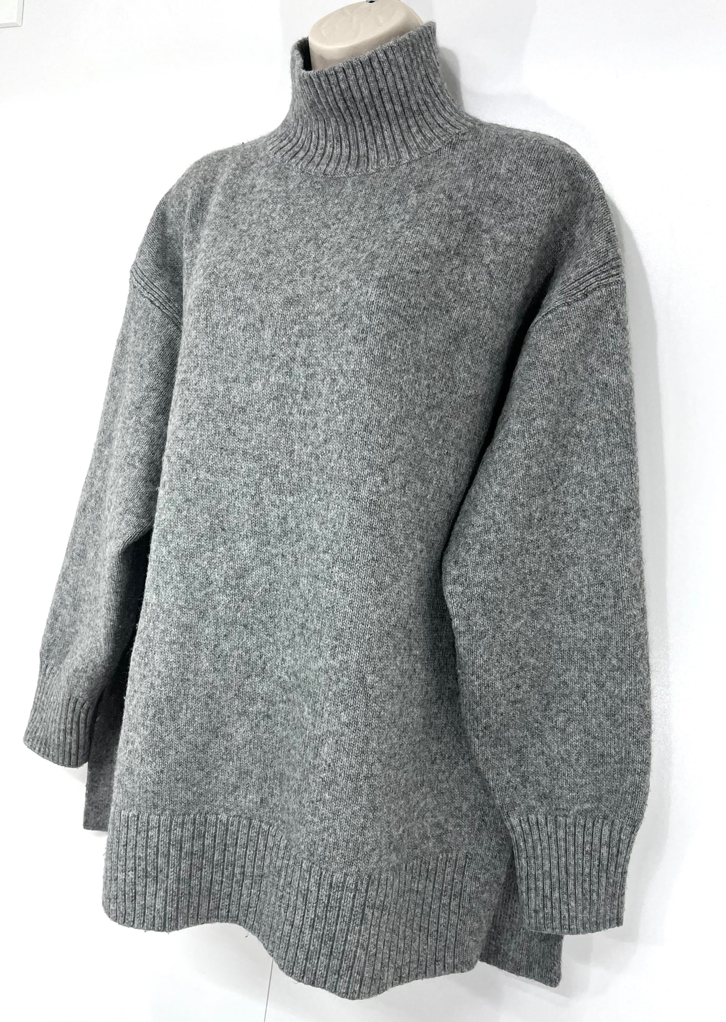H&M Grey Soft Thin Chunky Knit WOOL Blend Relaxed Fit Women's High Neck Jumper UK 14 16 L
