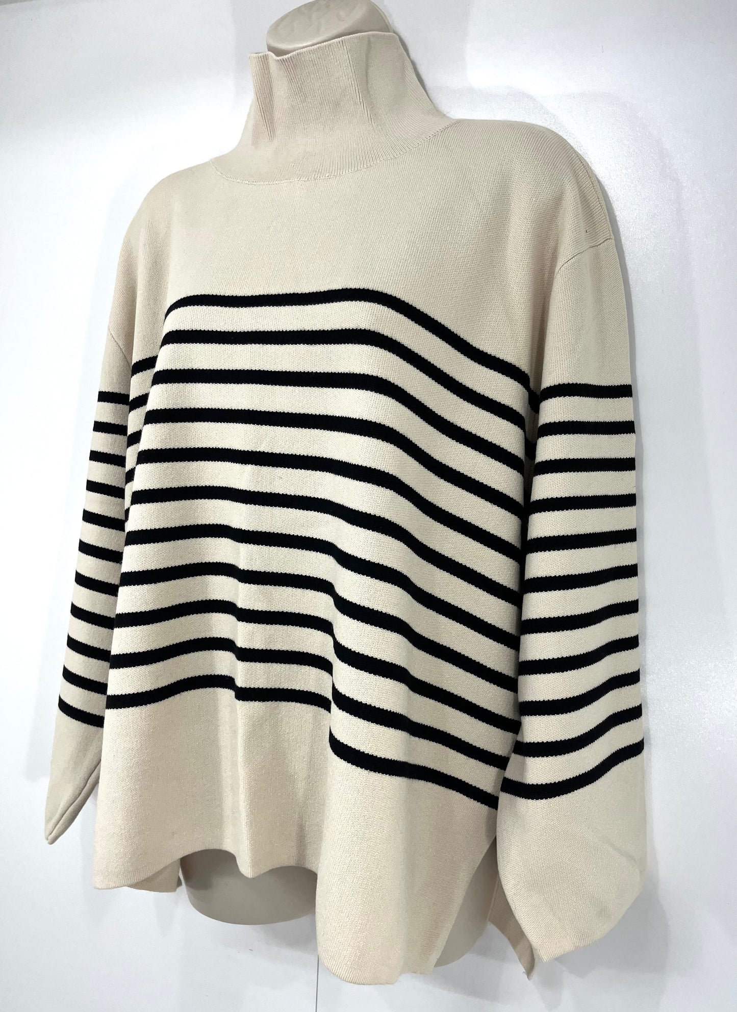 H&M Cream Black Striped Soft Knit Women's Oversized High Neck Jumper UK 12 14 M
