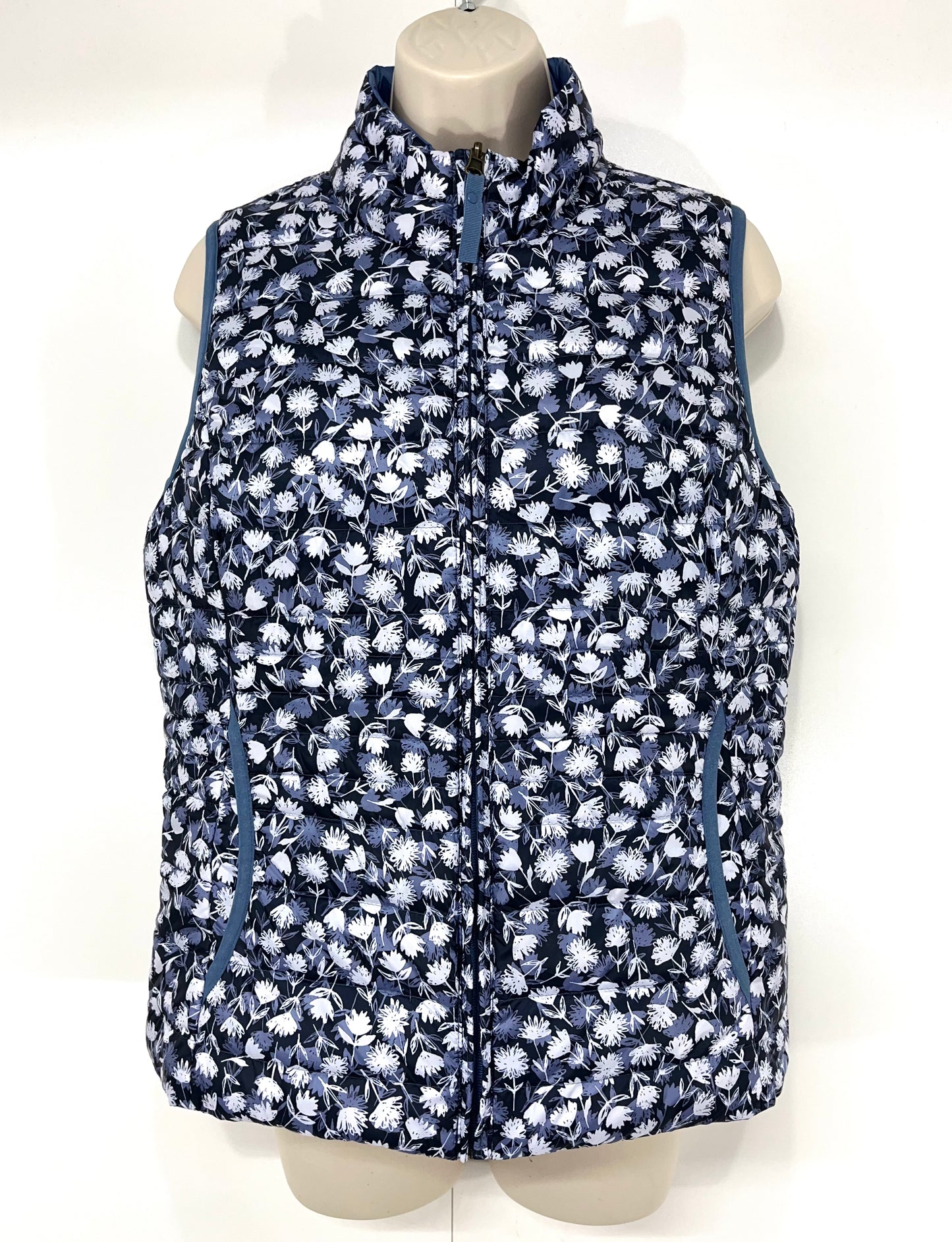 LAURA ASHLEY Blue Floral Reversible REAL DOWN Women's Puffer Gilet Jacket UK 10