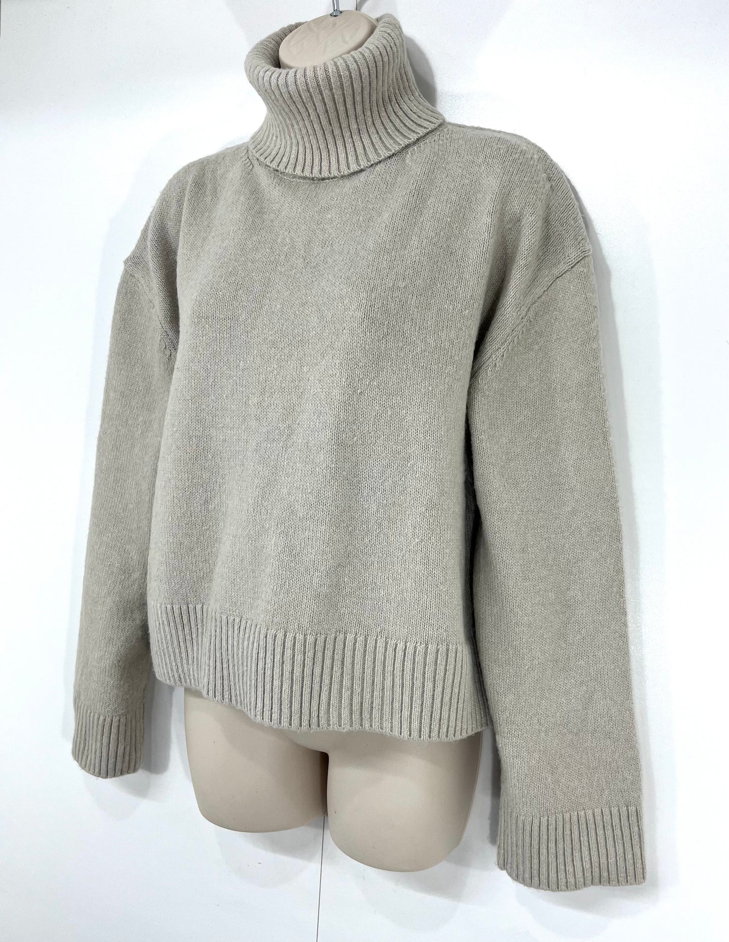 H&M Stone Beige WOOL Blend Women's Oversized Cropped Roll Neck Jumper UK 8 10 S