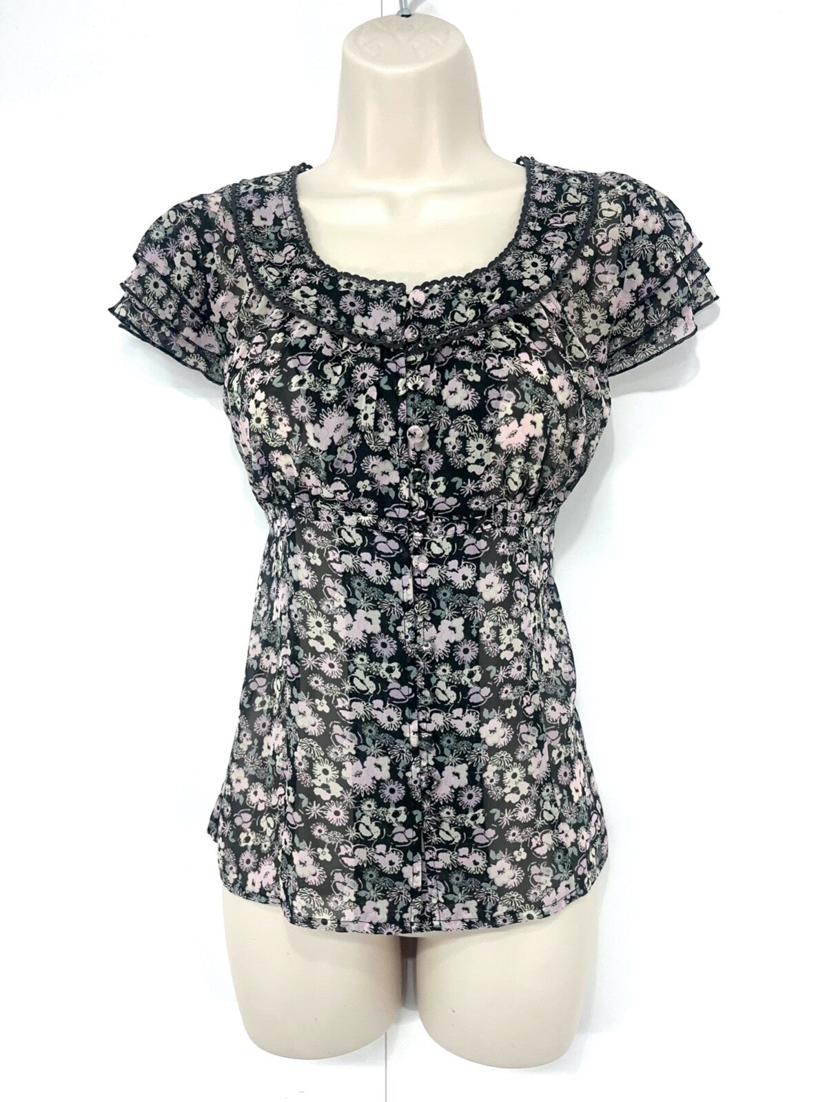 PHASE EIGHT Dark Grey Pink Floral Embellished Silky Chiffon Women's Blouse UK 12