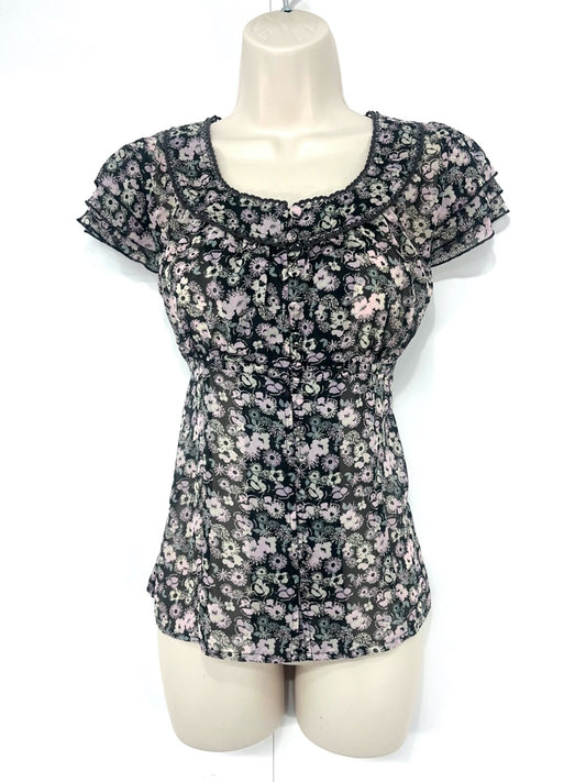 PHASE EIGHT Dark Grey Pink Floral Embellished Silky Chiffon Women's Blouse UK 12