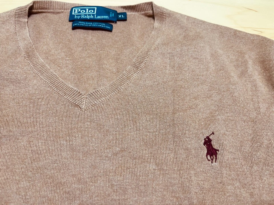 POLO RALPH LAUREN Beige PIMA COTTON Thin Knit Mens V-Neck Jumper size XL