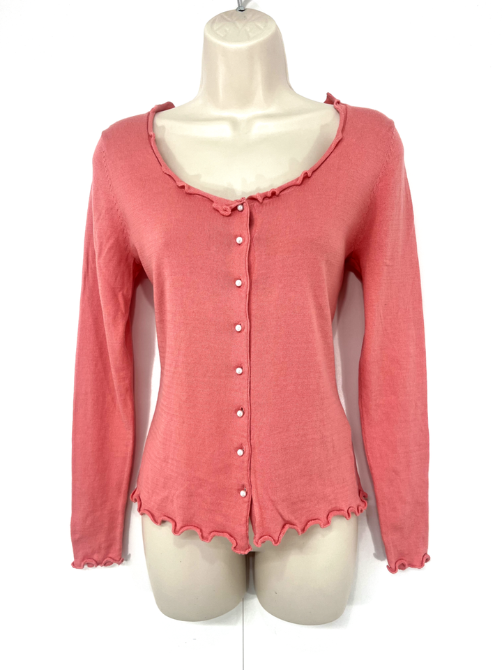 WOOLOVERS Pink Soft Thin Knit SILK COTTON Women's Scoop Neck Cardigan UK 8 10 S