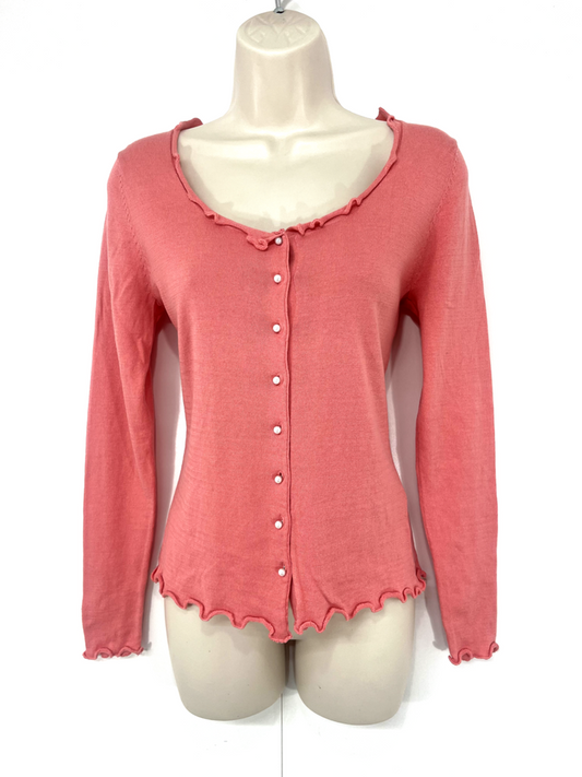 WOOLOVERS Pink Soft Thin Knit SILK COTTON Women's Scoop Neck Cardigan UK 8 10 S