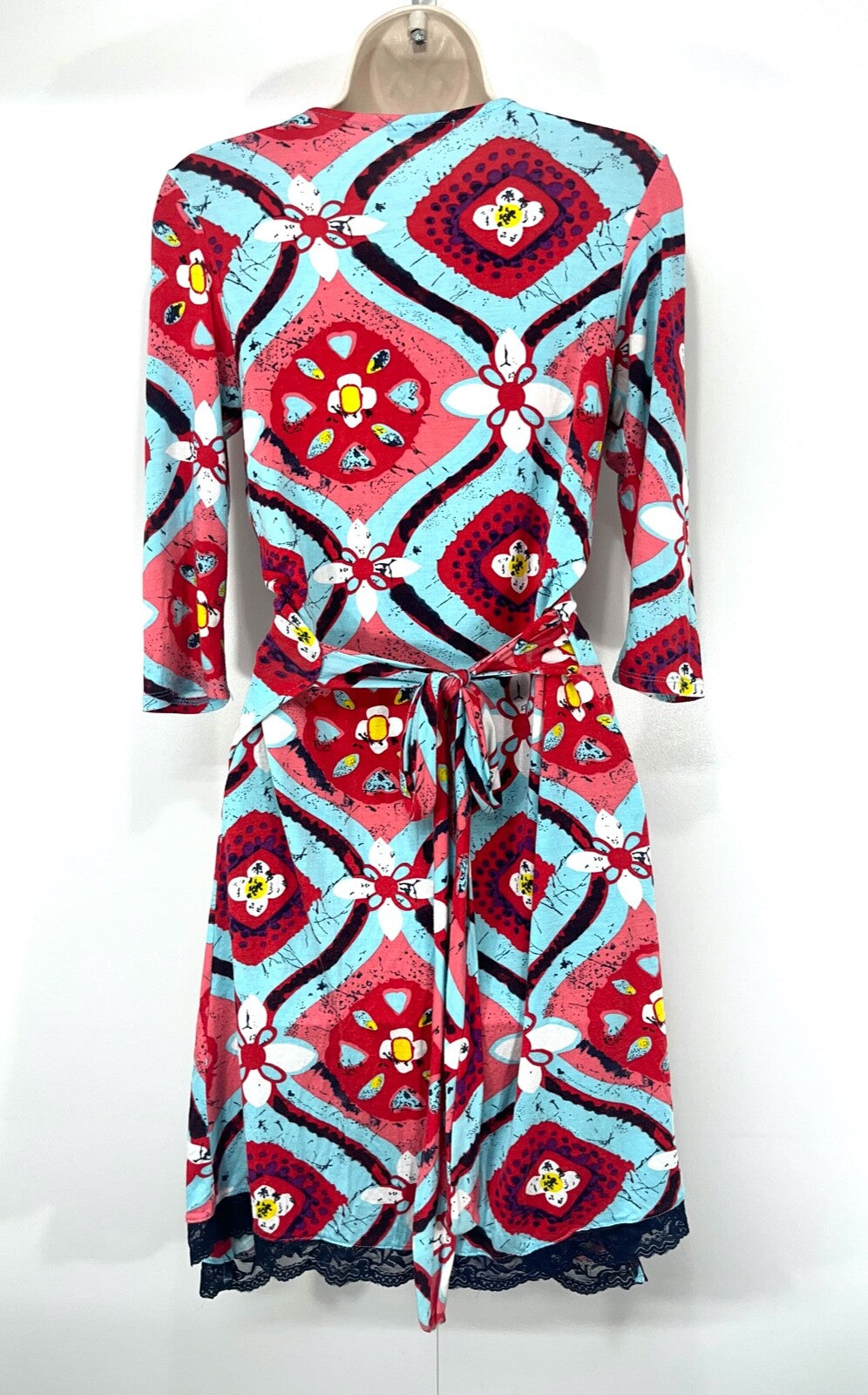 N&WILLOW Blue Red Multicoloured Thin Jersey Retro Boho Women's Crossover Wrap Dress UK 10 12 S M