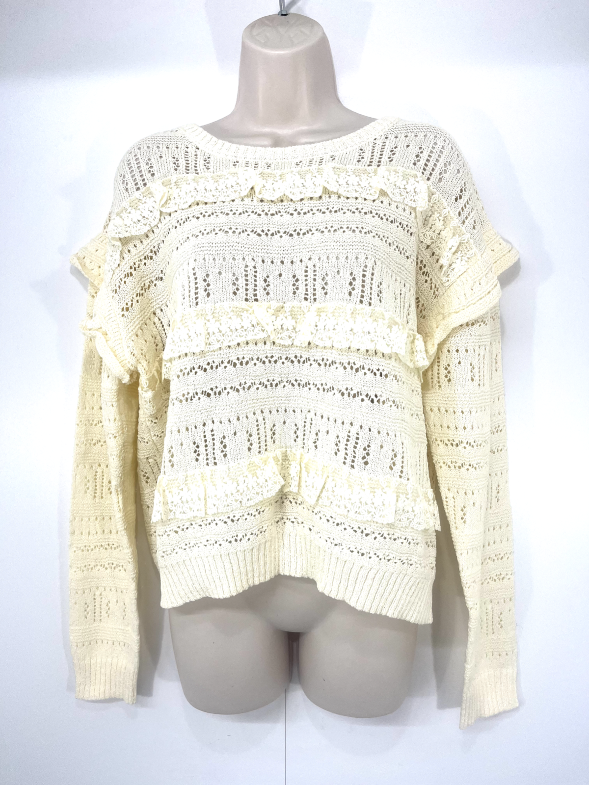 Vintage Retro Style Soft Thin Knit Lace Trim Relaxed Fit Women's Cream Jumper UK 14 16 L