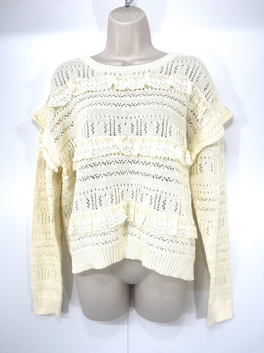 Vintage Retro Style Soft Thin Knit Lace Trim Relaxed Fit Women's Cream Jumper UK 14 16 L