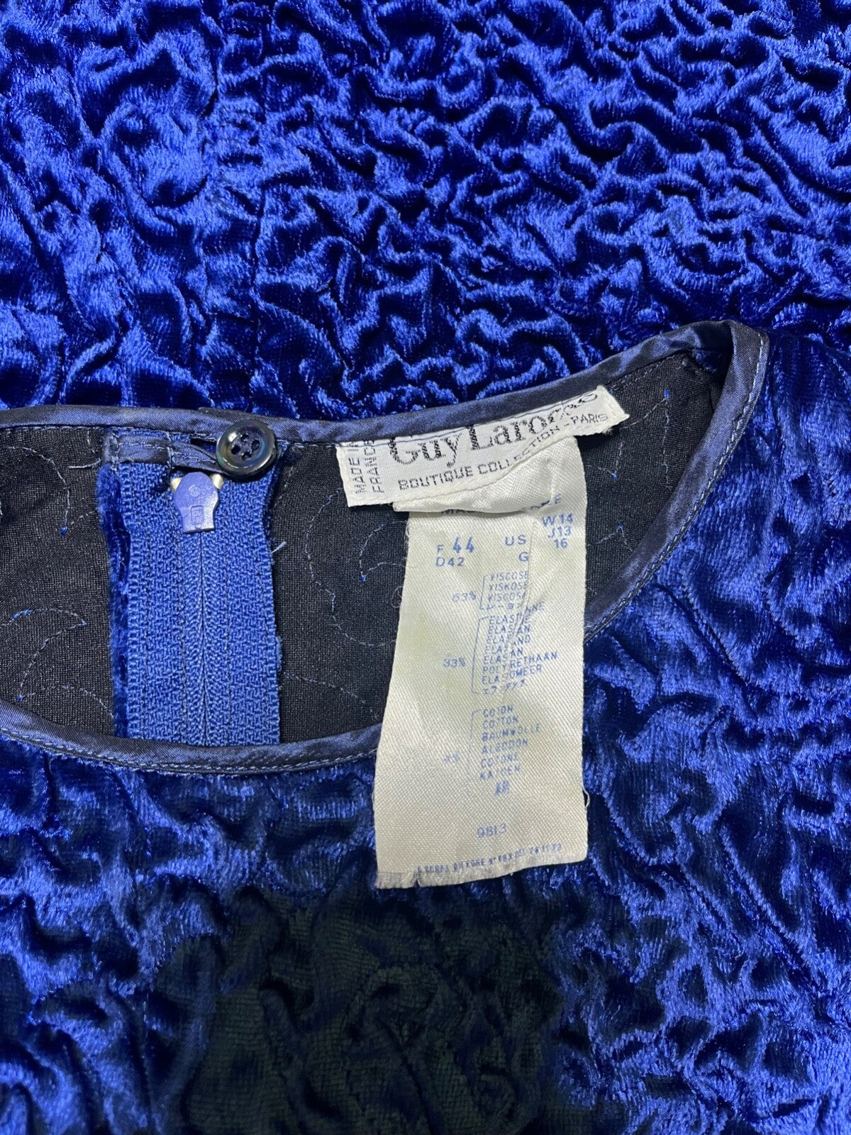 GUY LAROCHE Paris Vintage 90s Women's Blue Crushed Velvet Blouse Top UK 14 16 L