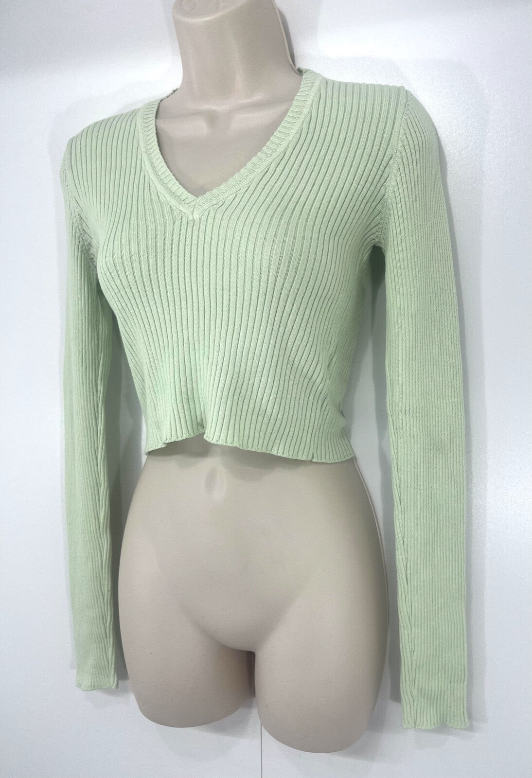 BRANDY MELVILLE Pastel Green Thin Knit COTTON Women's Cropped Jumper Top UK 8 10 S