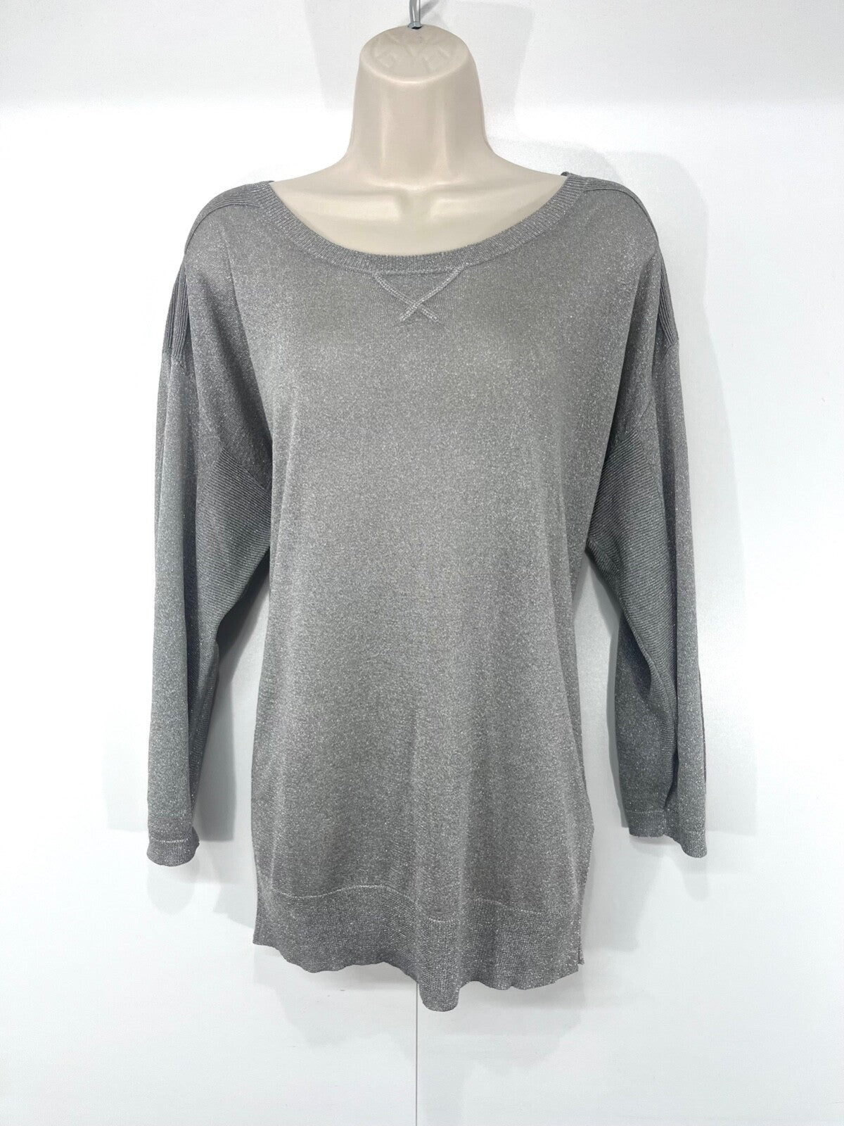 REISS Silver Soft Thin Jersey Relaxed Fit Women's Scoop Neck Tunic Top UK 12 14 M