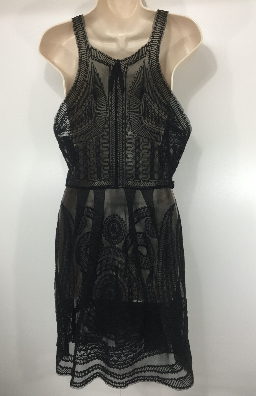 SEEN Embroidered Mesh Sheer Black Women's Fit & Flare Dress UK 12 14 Cocktail Goth Club