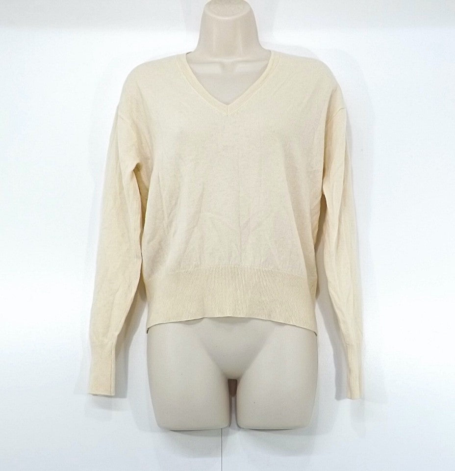 ZARA Cream Nude Soft Thin Knit Pure WOOL Women's Classic V-Neck Jumper UK 8 10 S