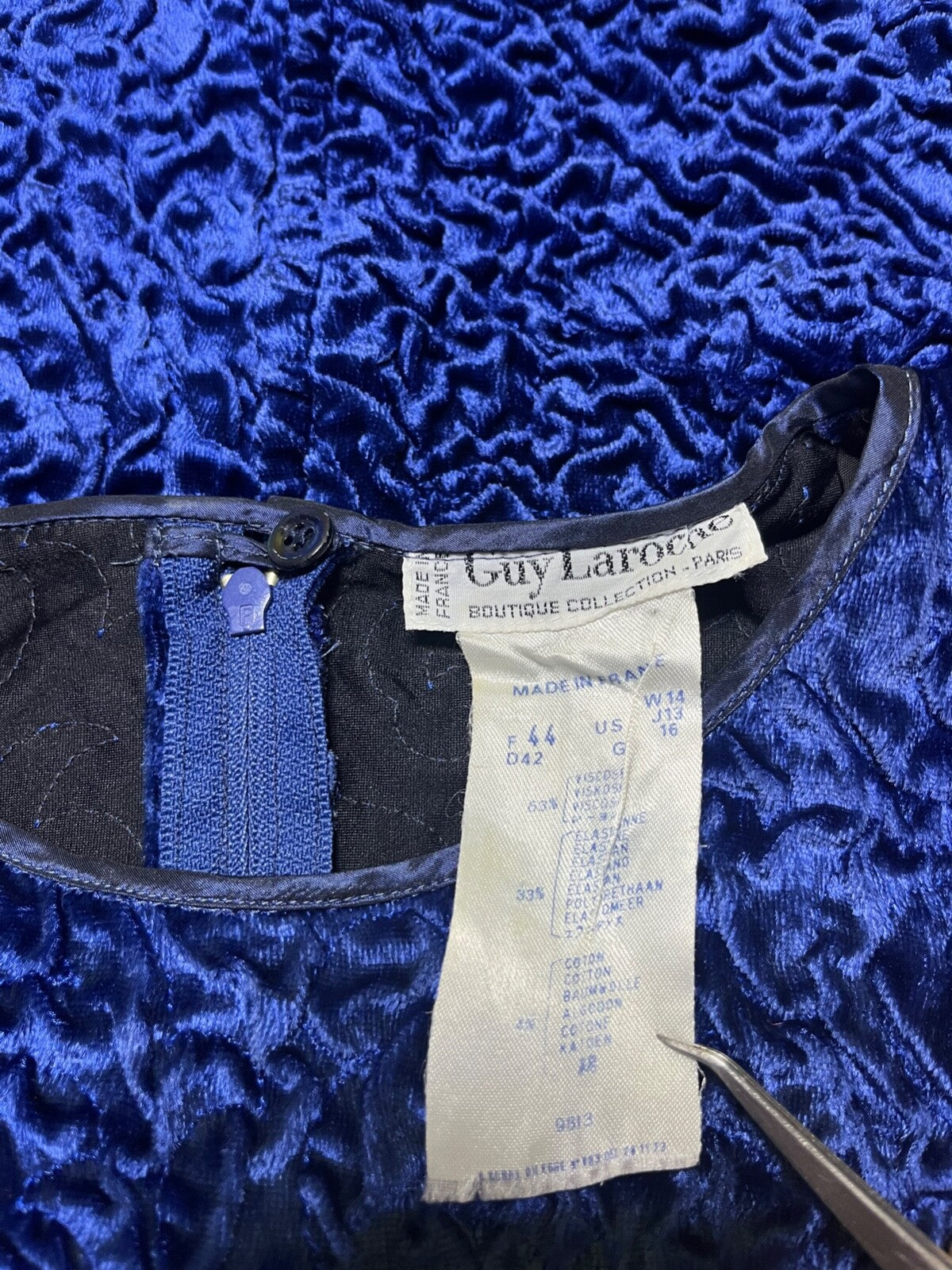 GUY LAROCHE Paris Vintage 90s Women's Blue Crushed Velvet Blouse Top UK 14 16 L