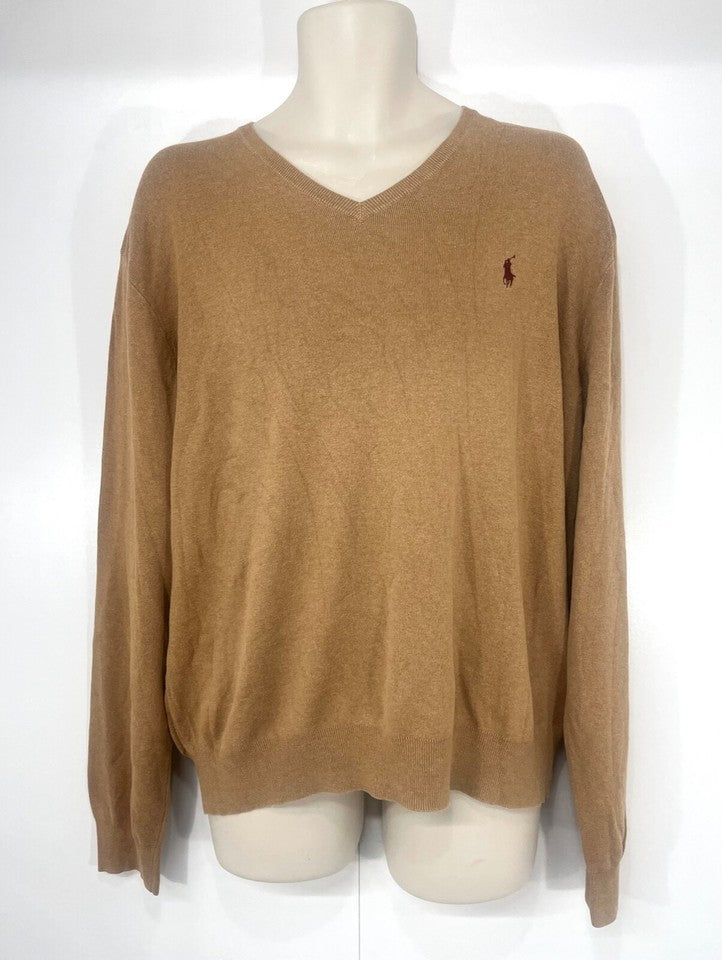 POLO RALPH LAUREN Beige PIMA COTTON Thin Knit Mens V-Neck Jumper size XL
