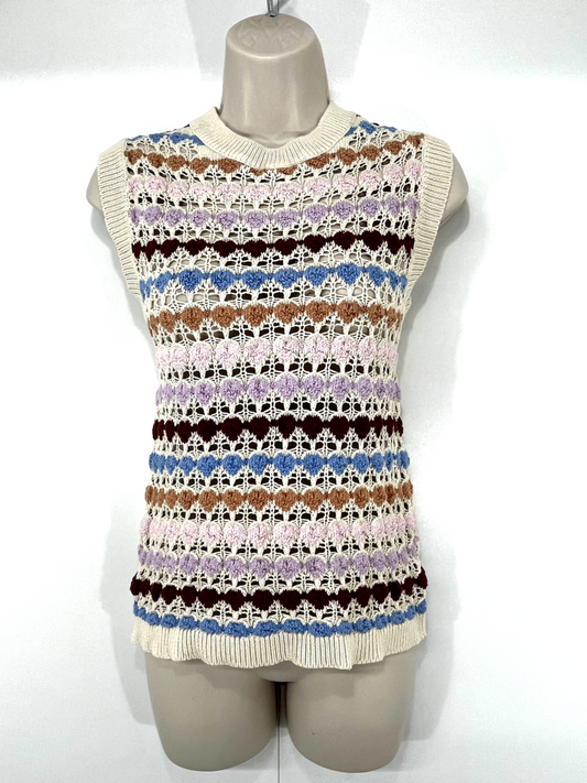 b.young Multicoloured Pure COTTON Retro Preppy Women's Slipover Tank Top UK 8 10 S