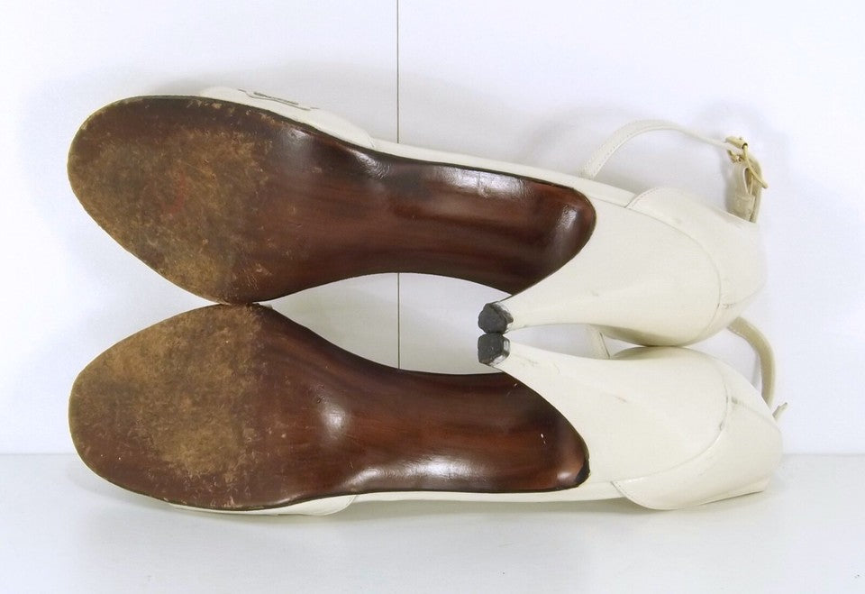 FERRAGAMO Vintage 60s Cream Ivory REAL LEATHER Women's Ankle Strap Sandals UK 4 EUR 37