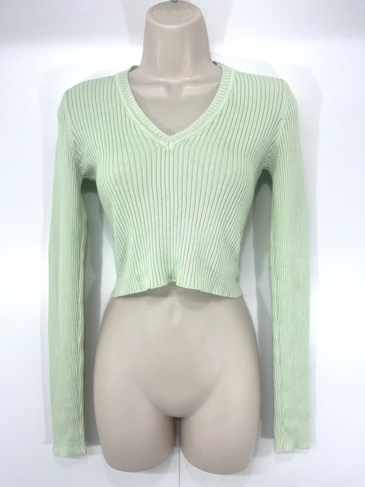 BRANDY MELVILLE Pastel Green Thin Knit COTTON Women's Cropped Jumper Top UK 8 10 S
