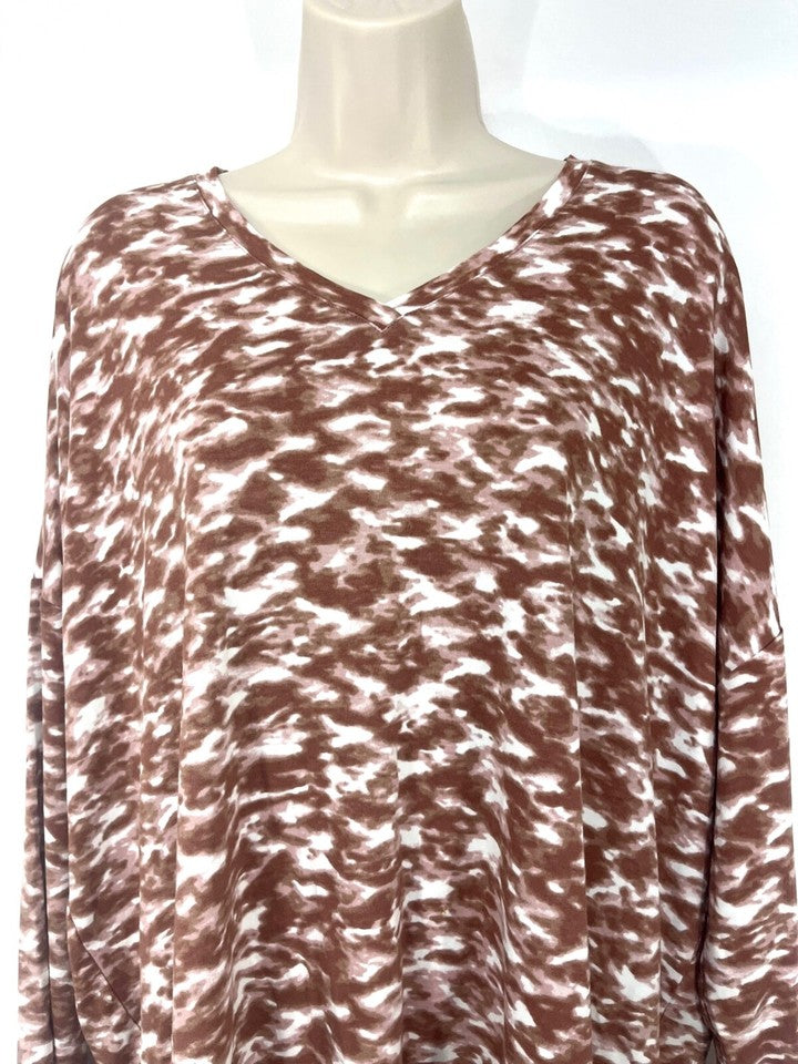 MARLAWYNNE Brown White Relaxed Fit Women's Tunic UK 16 18 L Soft Thin Jersey Boho Style