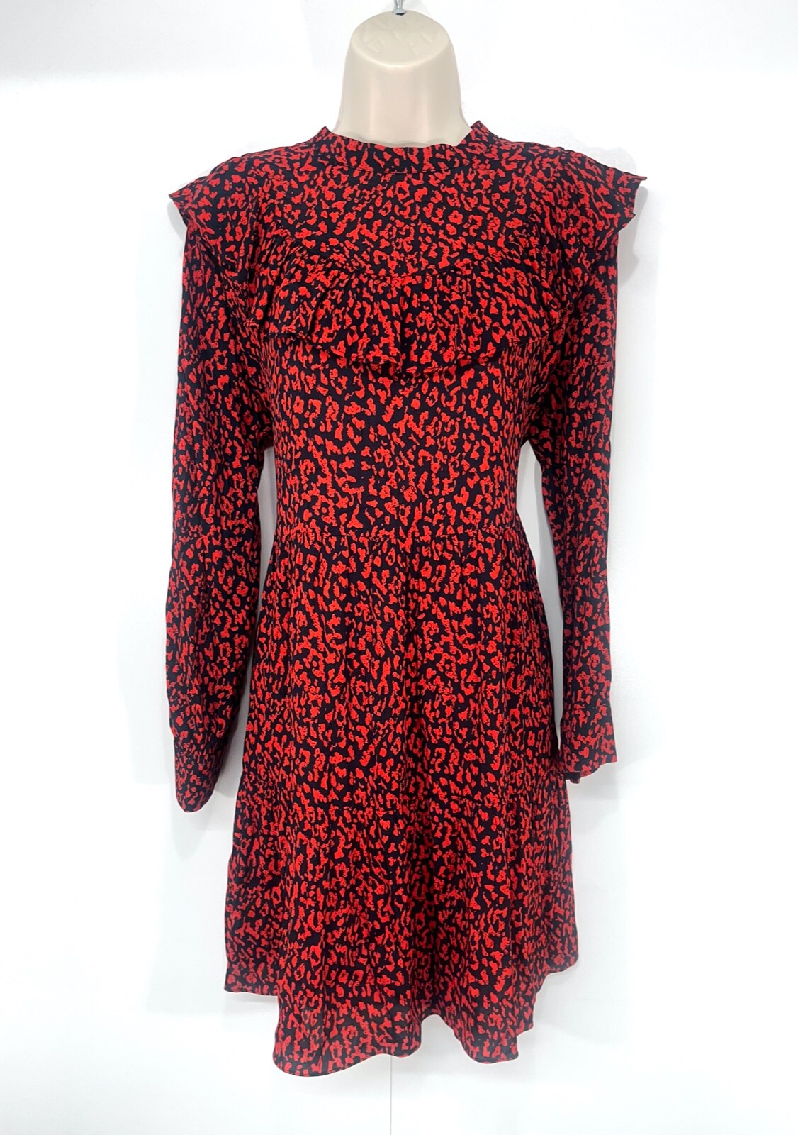 ZARA Black Red Silky Retro Boho Style Women's Ruffle Flared Dress UK 12 14 M