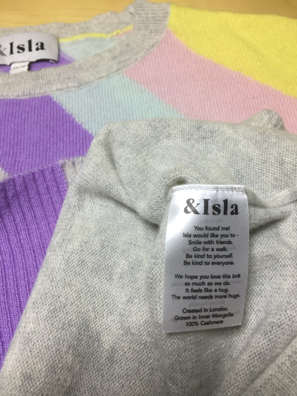 &ISLA Grey Multicoloured Pure CASHMERE Thin Knit Women's Oversized Crew Neck Jumper UK 6 8 XS