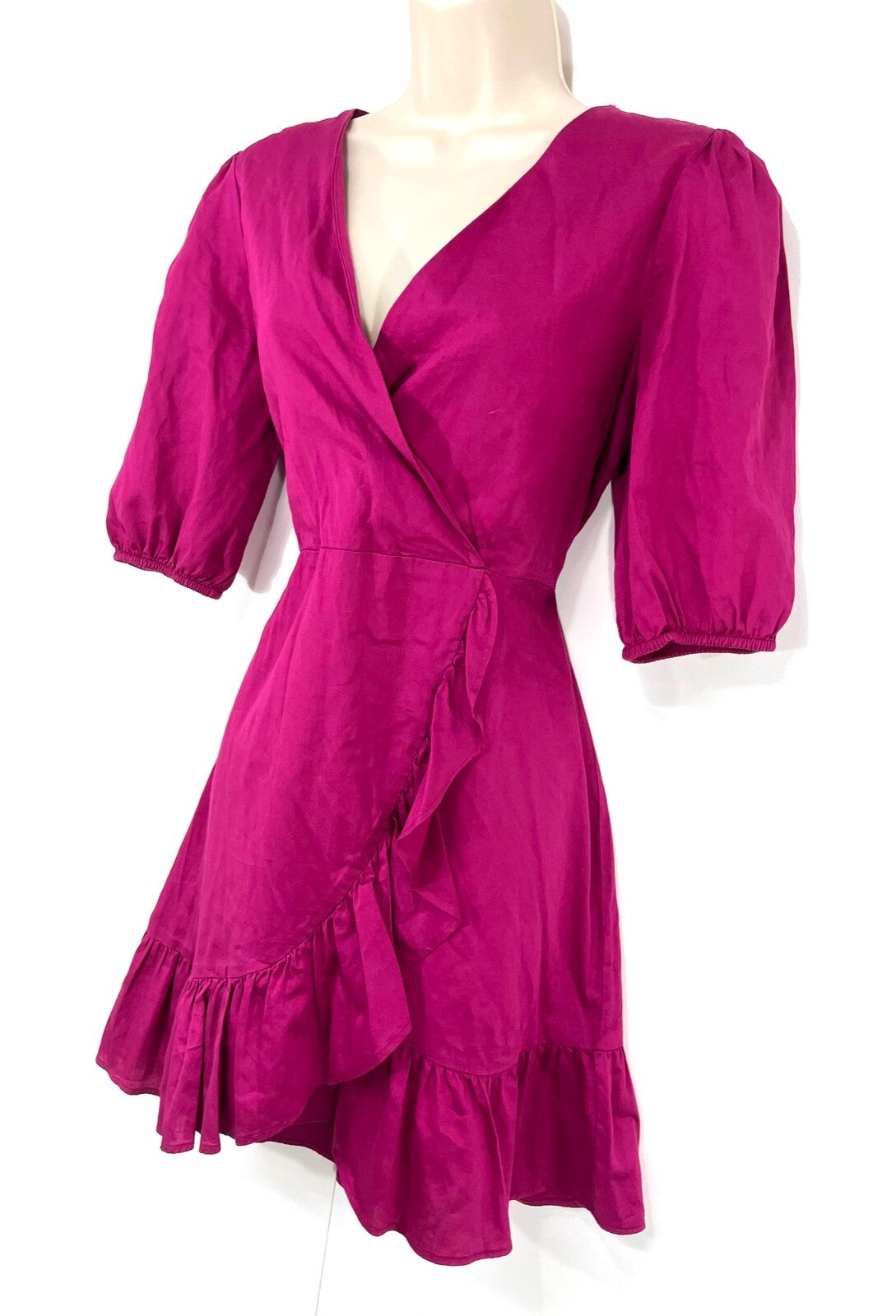 OYSHO Dark Pink Women's Fit & Flare Dress UK 14 16 L Pure COTTON Crossover Style V-Neck