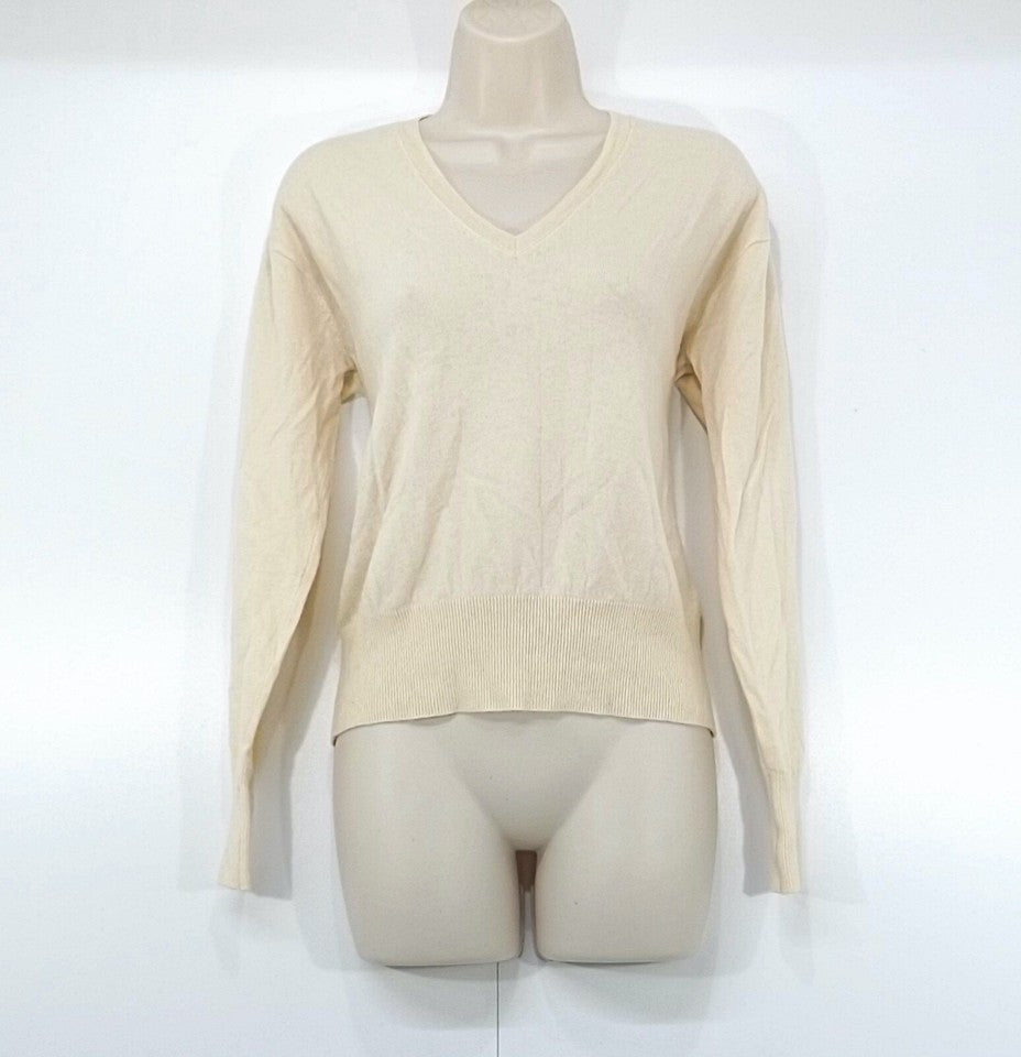 ZARA Cream Nude Soft Thin Knit Pure WOOL Women's Classic V-Neck Jumper UK 8 10 S
