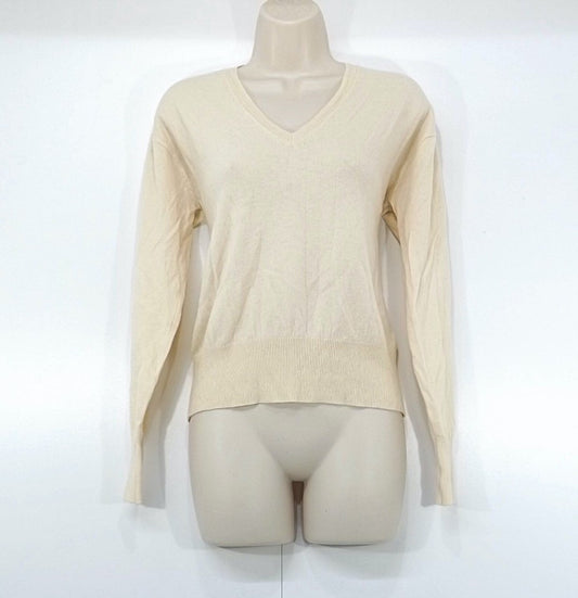 ZARA Cream Nude Soft Thin Knit Pure WOOL Women's Classic V-Neck Jumper UK 8 10 S
