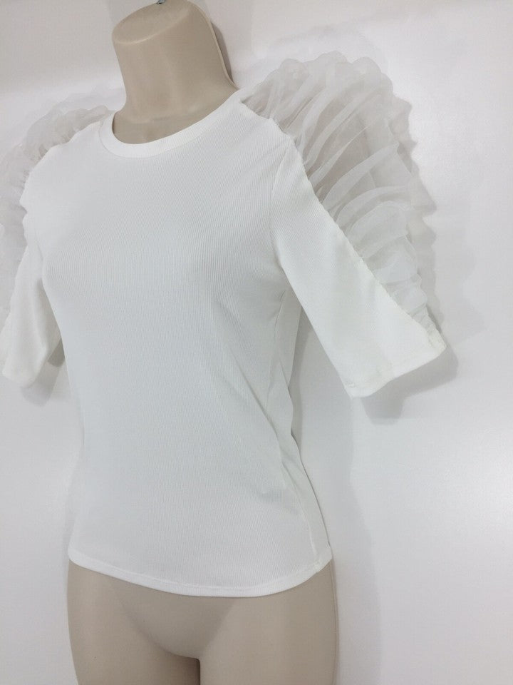 ZARA White Thin Jersey Gathered Organza Shoulder Women's Blouse T-Shirt UK 10 12 M