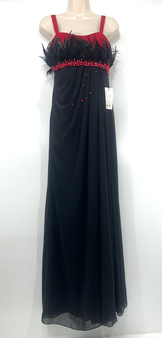 LIVE FOREVER Long Embellished Black Evening Dress with Feathers UK 10 NEW Theatre Performance