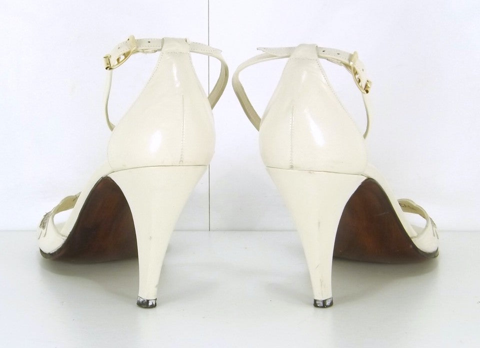 FERRAGAMO Vintage 60s Cream Ivory REAL LEATHER Women's Ankle Strap Sandals UK 4 EUR 37