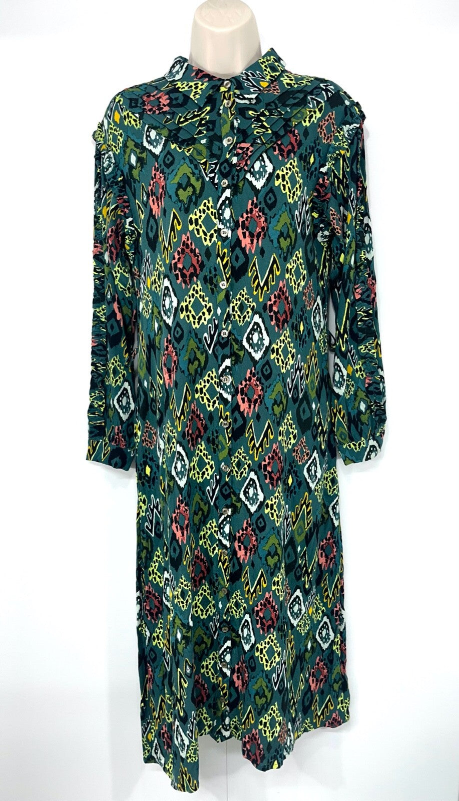 POM Amsterdam Green Multicoloured Boho Scandi Women's Midi Shirt Dress UK 8 10 S