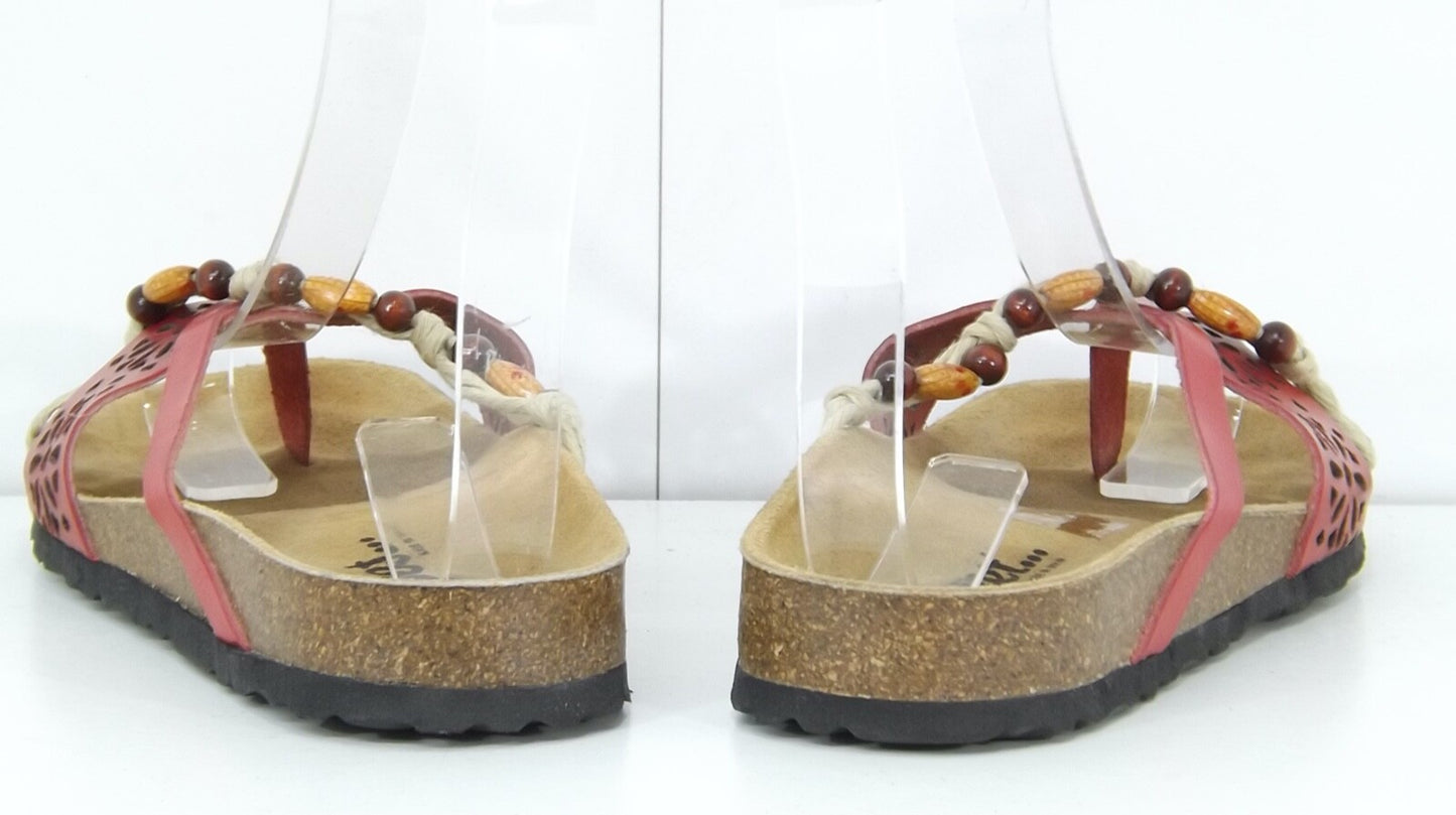 SWEET Red Embellished REAL LEATHER Women's Slip On Toe Post Sandals UK 4 EUR 37