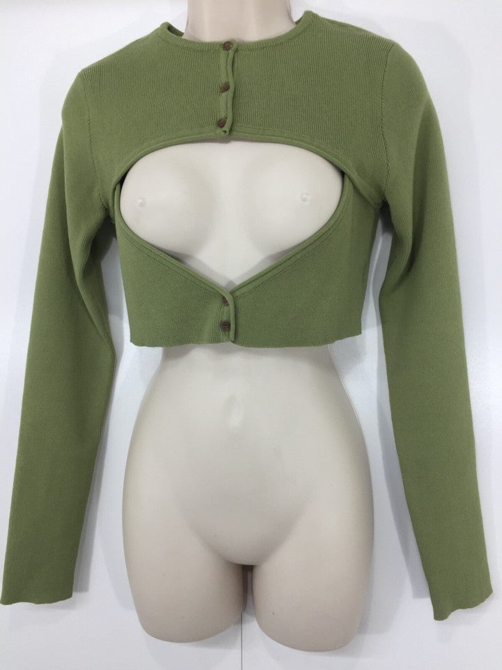 MISTRESS ROCKS Green Thin Knit Cut Out Women's Cropped VERVE Cardigan Top UK 10 12 M