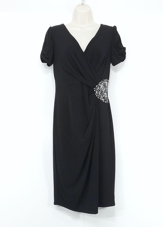 MARKS & SPENCER Black Embellished Thin Silky Jersey Crossover Gathered Women's Shift Dress UK 10