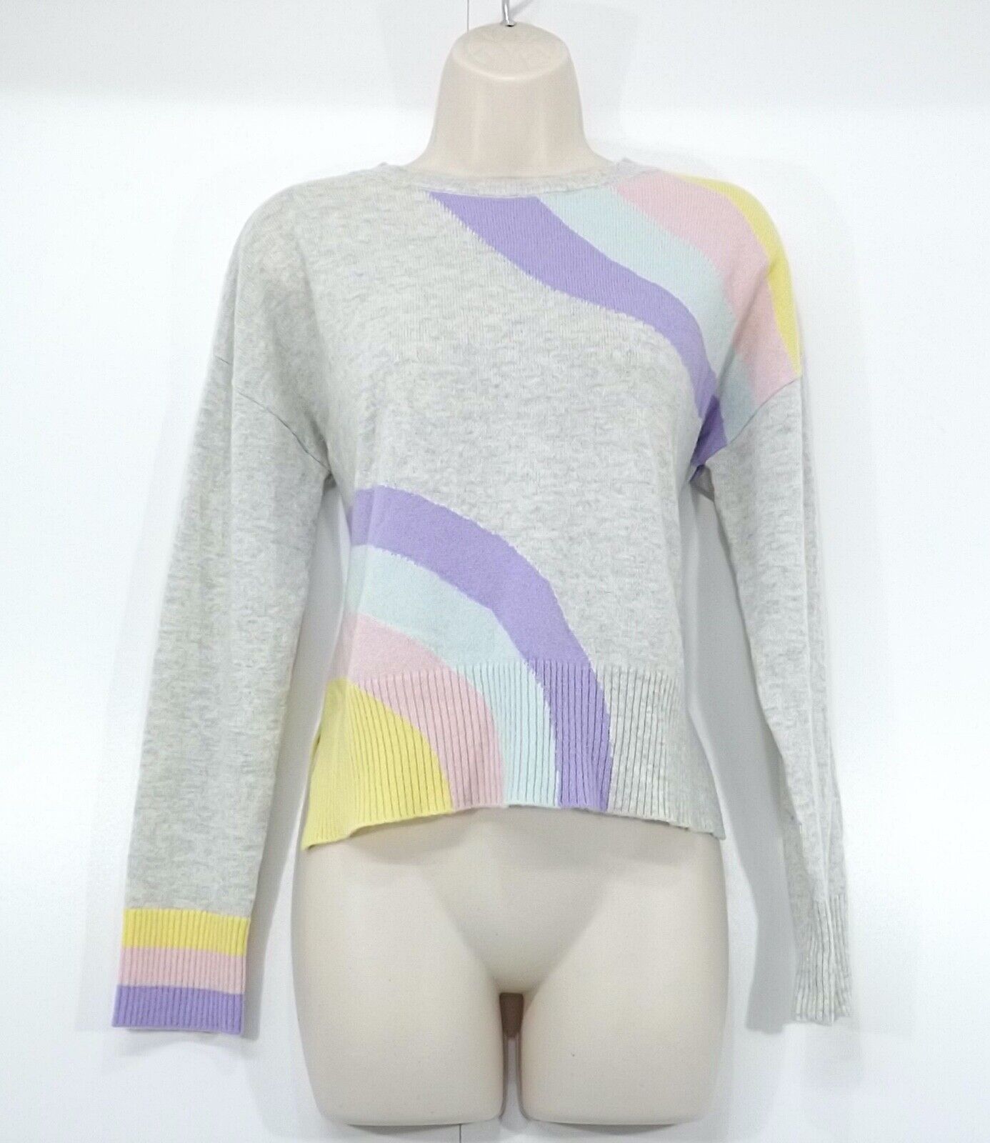 &ISLA Grey Multicoloured Pure CASHMERE Thin Knit Women's Oversized Crew Neck Jumper UK 6 8 XS