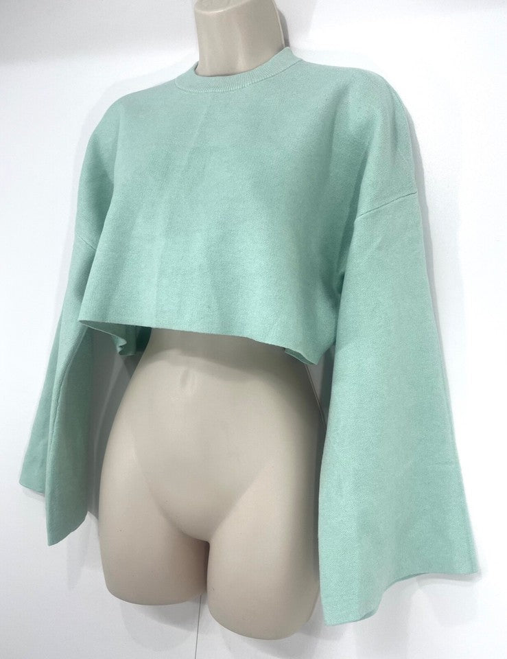 ZARA Soft Jersey Relaxed Fit Light Green Women's Cropped Sweatshirt Top Jumper UK 8 10 S